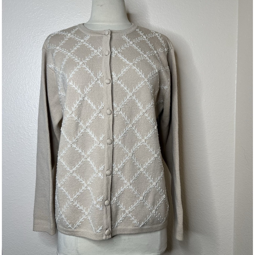 Vintage Talbots M Tan Wool Floral Beaded Embroidered Cardigan Cottagecore Granny